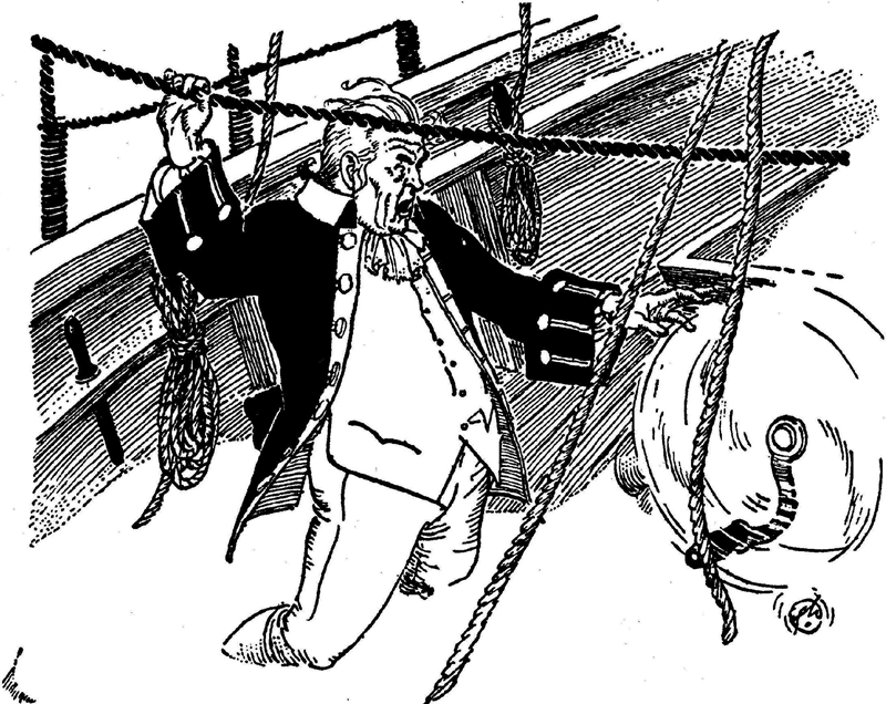 Image shows the Skipper on his ship with the Quern . Norse tales Illustrated by Frederick T.-Chapman from the Norse tale Why the Sea is Salt.