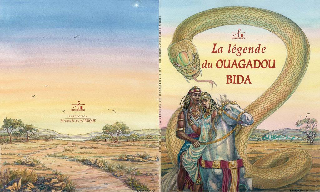 The book La légende du Ouagadou Bida with illustrations by Ana Svetlana Amegankpoé. Cover shows the two protagonists riding away on a horse with the serpent, Bida, in the background. 